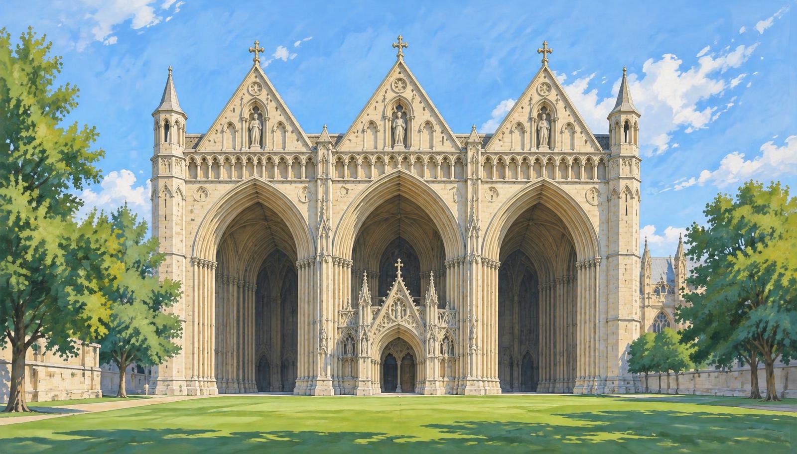 Artist's impression of Peterborough Cathedral's three-arched west front and precinct lawn