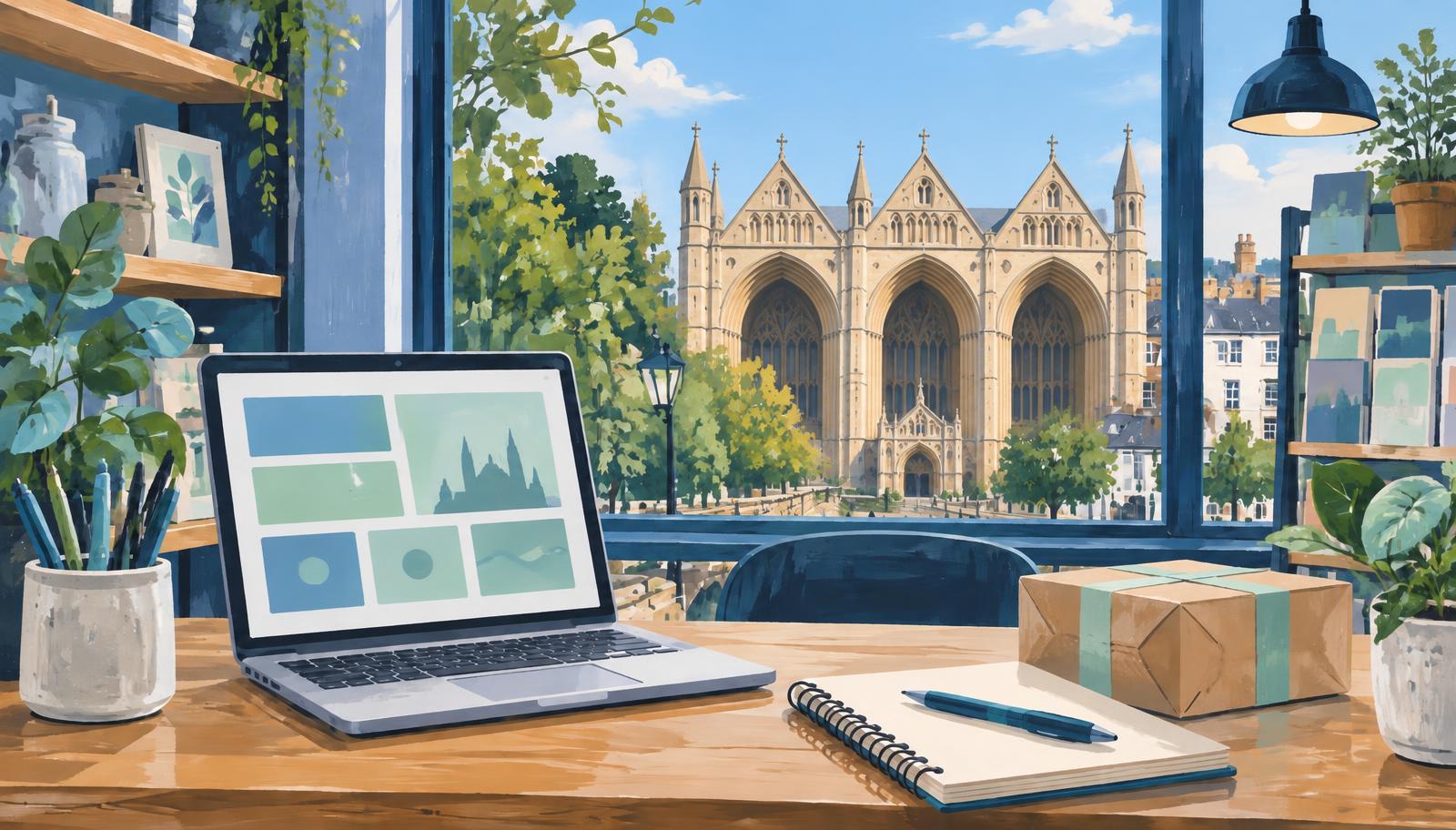 Artist's impression of a local business workspace with Peterborough Cathedral's west front beyond the window