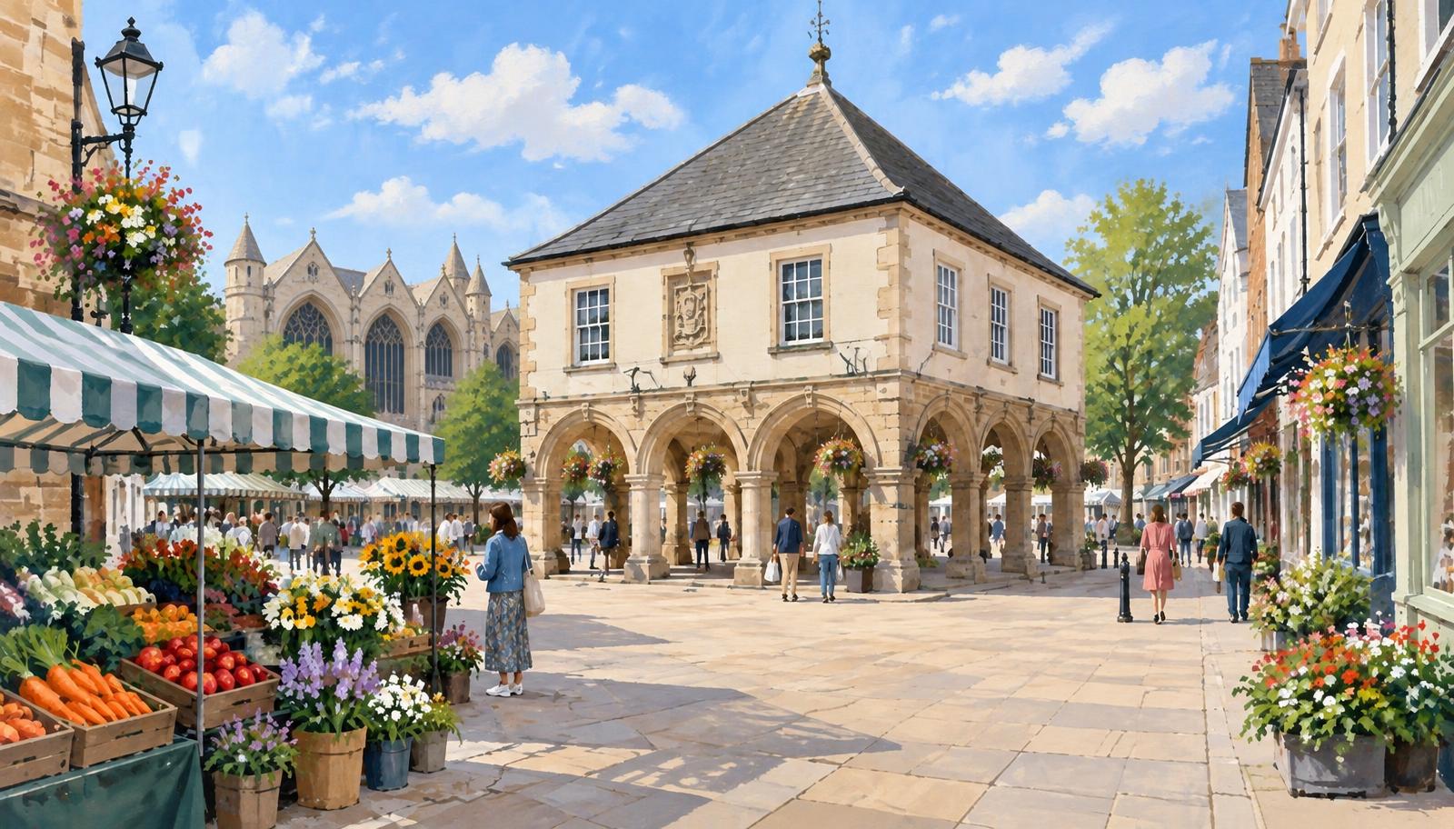 Artist's impression of Peterborough Guildhall and shopping around Cathedral Square; market stalls are an illustrative scene